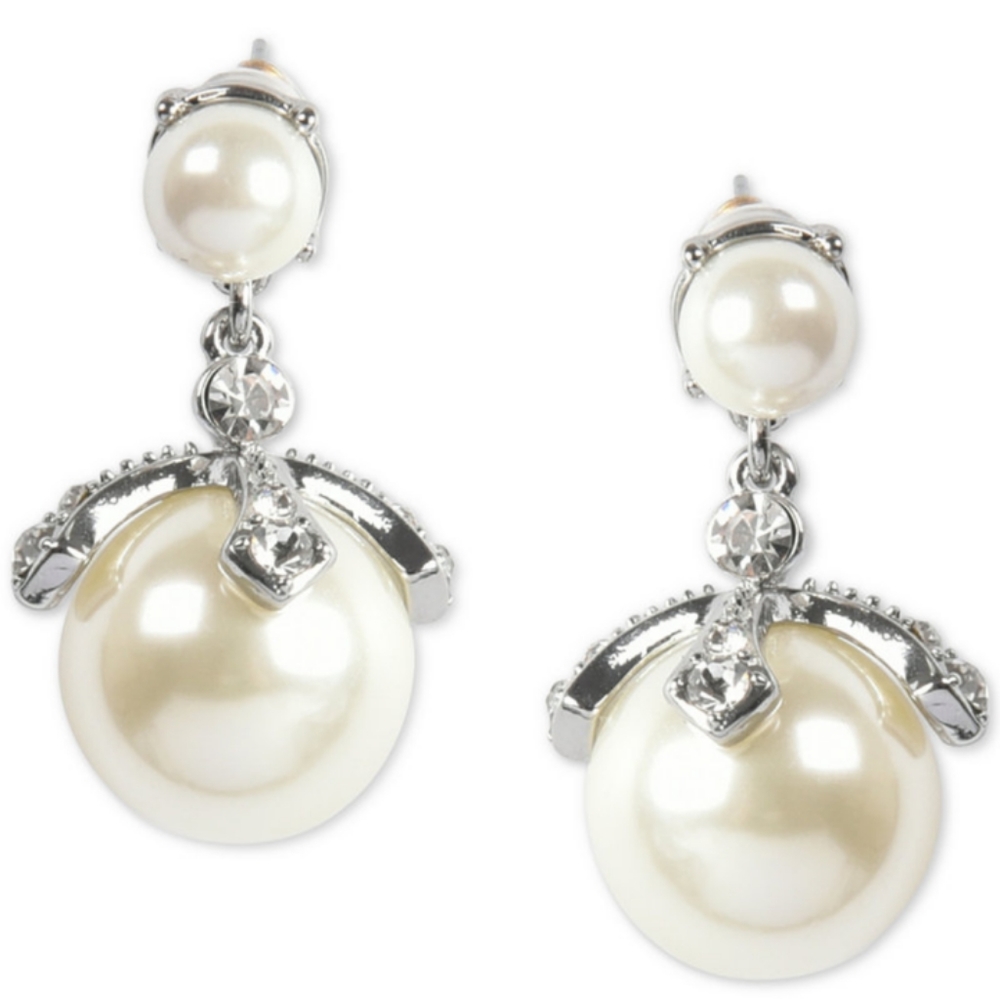 Charter Club Silver-Tone Pave & Imitation Pearl Drop Earrings